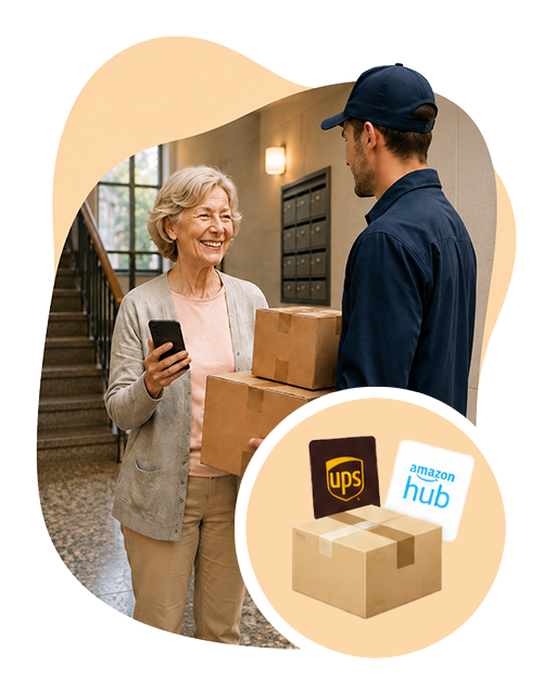 Paketbote übergibt Pakete im Hausflur an eine DropPoint-Gastgeberin
